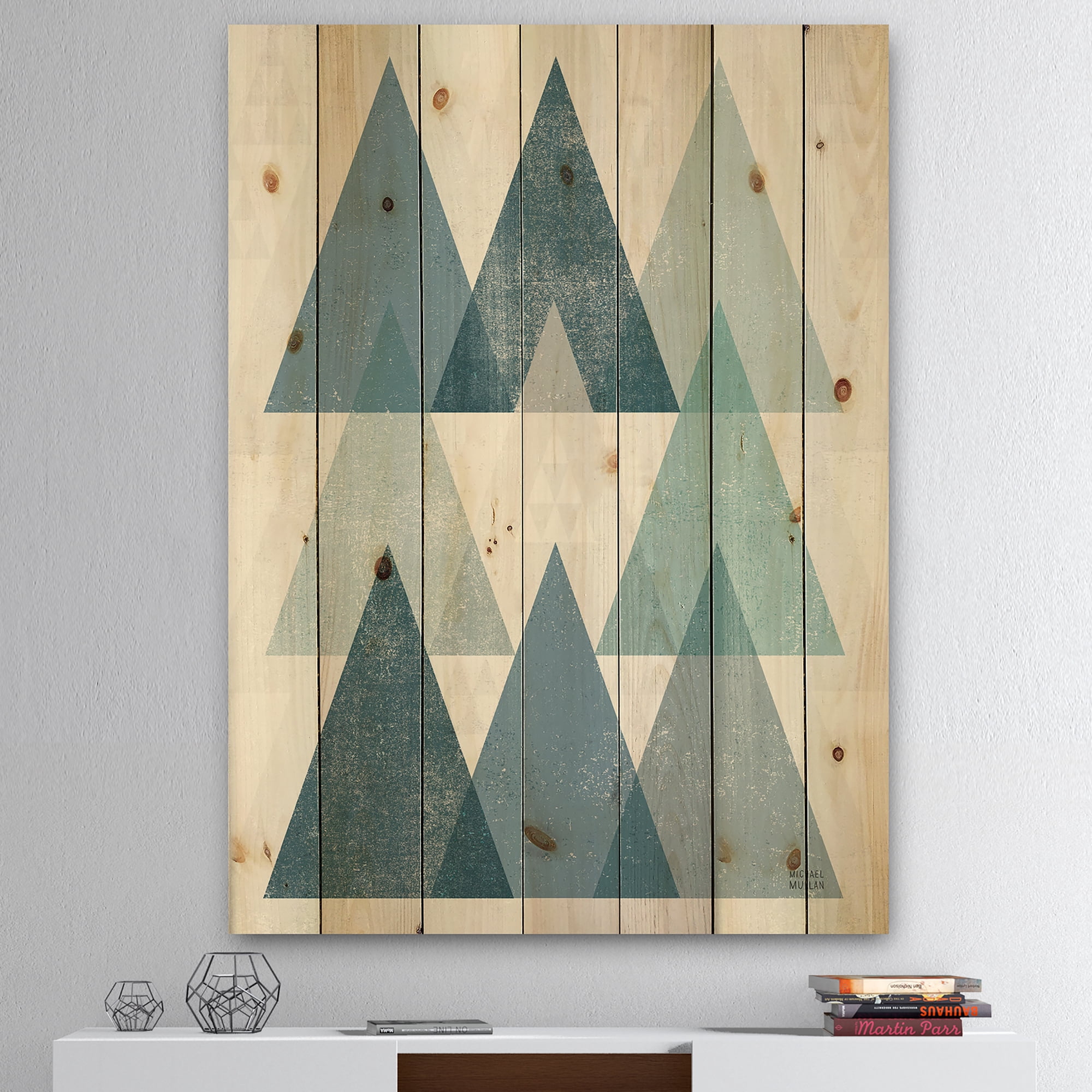 Designart 'Blue Minimal Triangles IV' Mid-Century Modern Print on Natural Pine Wood