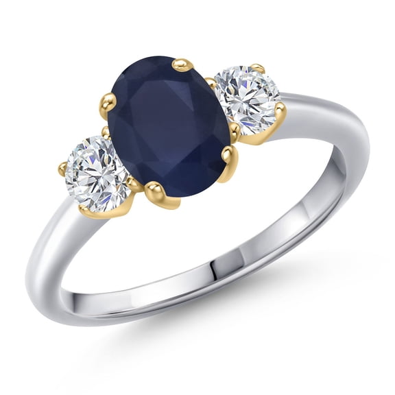 Gem Stone King 10K Two Tone Gold Blue Sapphire and Lab Grown Diamond 3-Stone Engagement Ring for Women | 2.34 Cttw | Oval 8X6MM | Gemstone September Birthstone (Size 8)