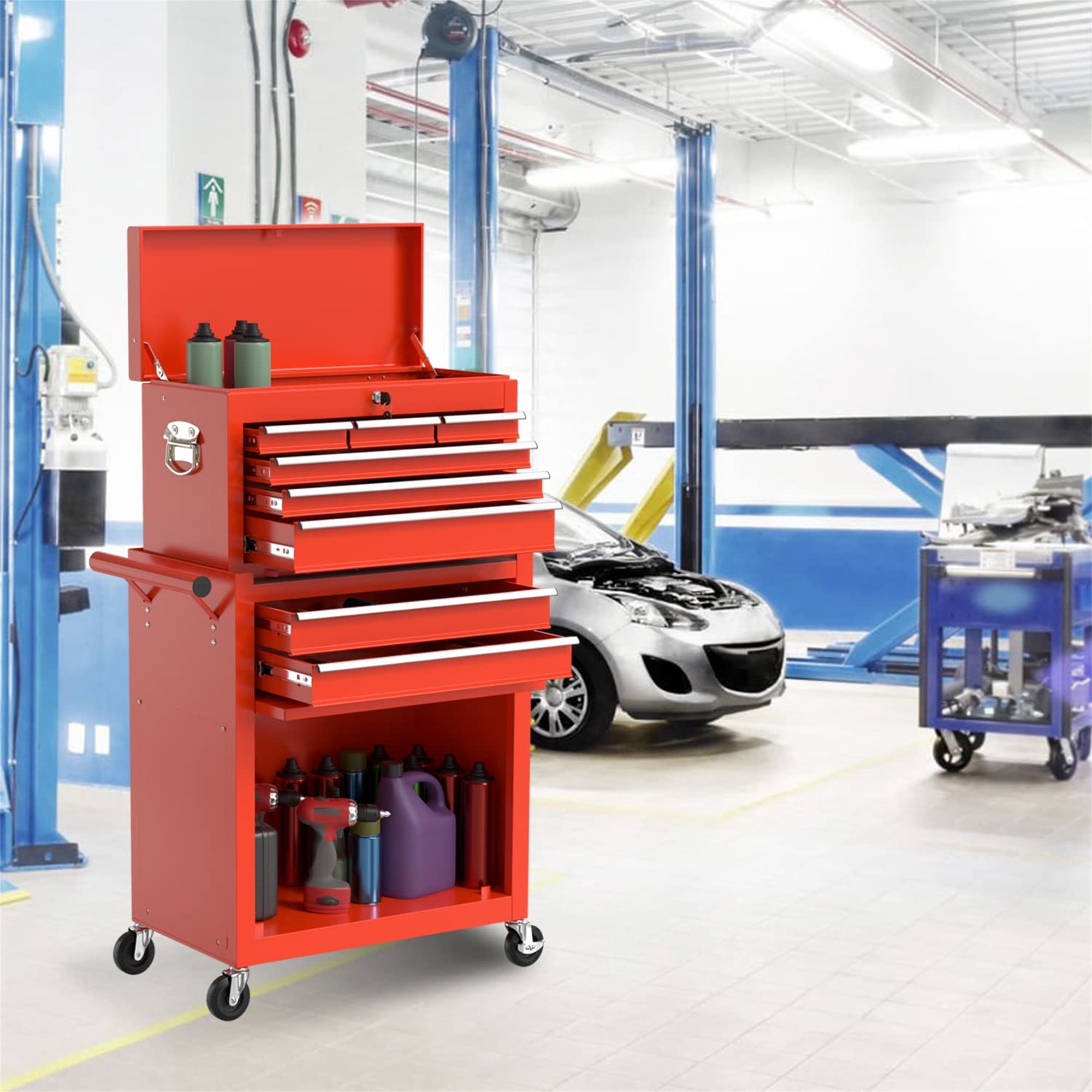 Aukfa Tool Chest, 2in1 Steel Rolling Tool Box & Cabinet On Wheels for Garage, 8-Drawer, Red