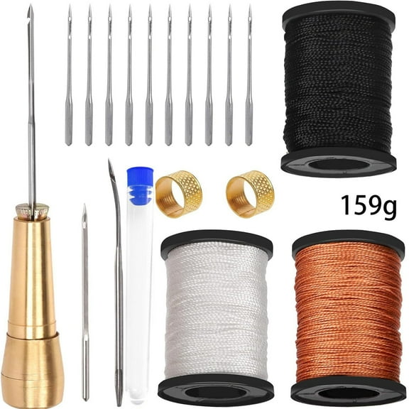 DIY Leather Sewing Kit Leather Sewing Awl Needle with Copper Handle Set Leather Canvas Tent Shoes Repairing Tool 3 Color Thread