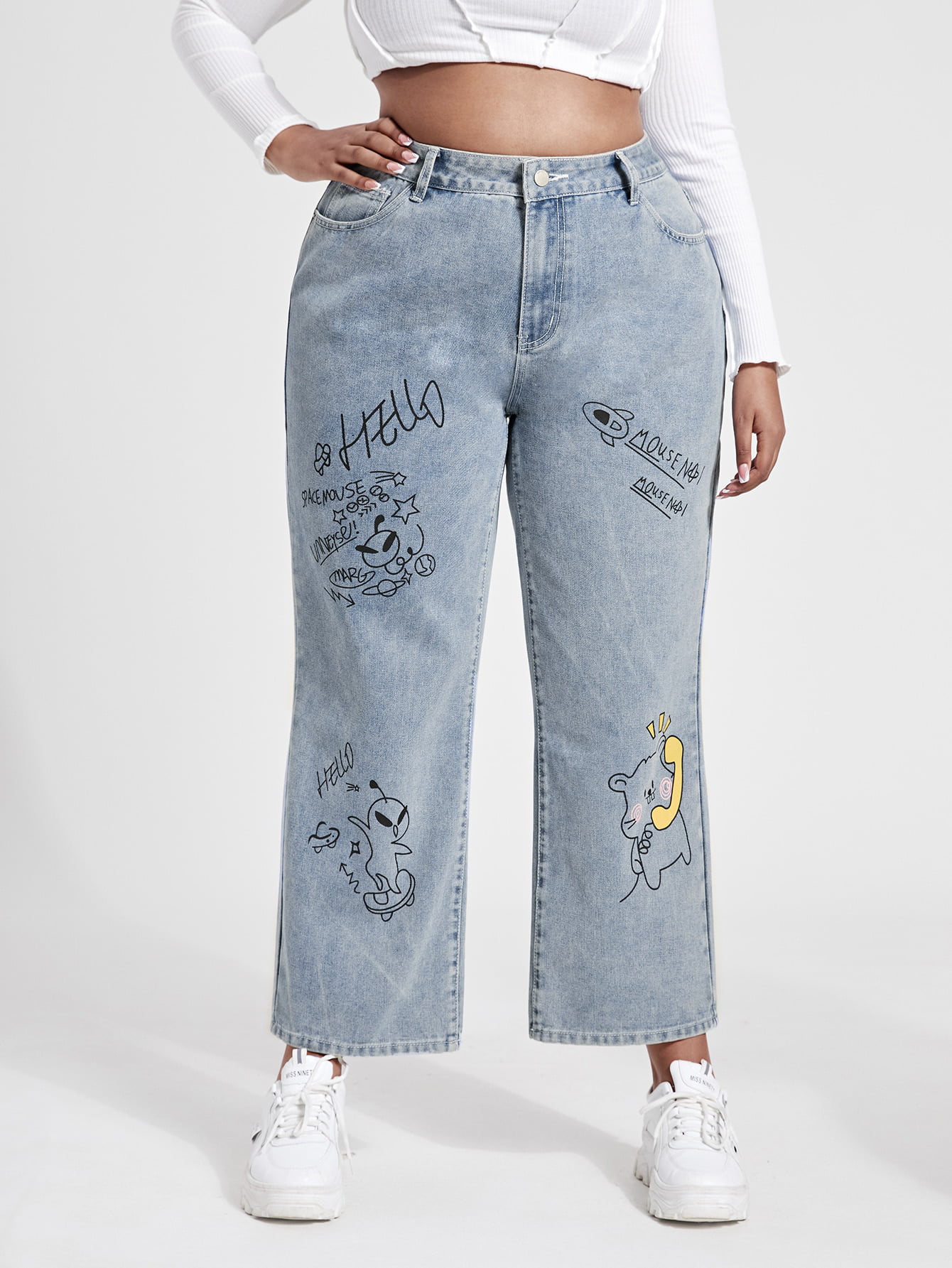 Women's Thicken Elastic High Waist Embroidery Cartoon Jeans Tapered Trousers