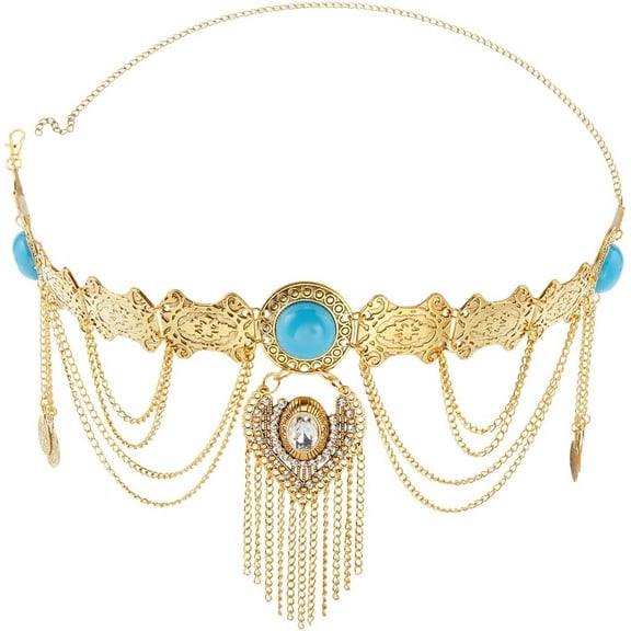 Boho Waist Chain Belt Gold Layered Tassel Coin Turquoise Rhinestone Pendant Detail Chains Vintage Bohemian Alloy Adjustable Body Belly Dress Waist Chain Jewelry Accessories for Women