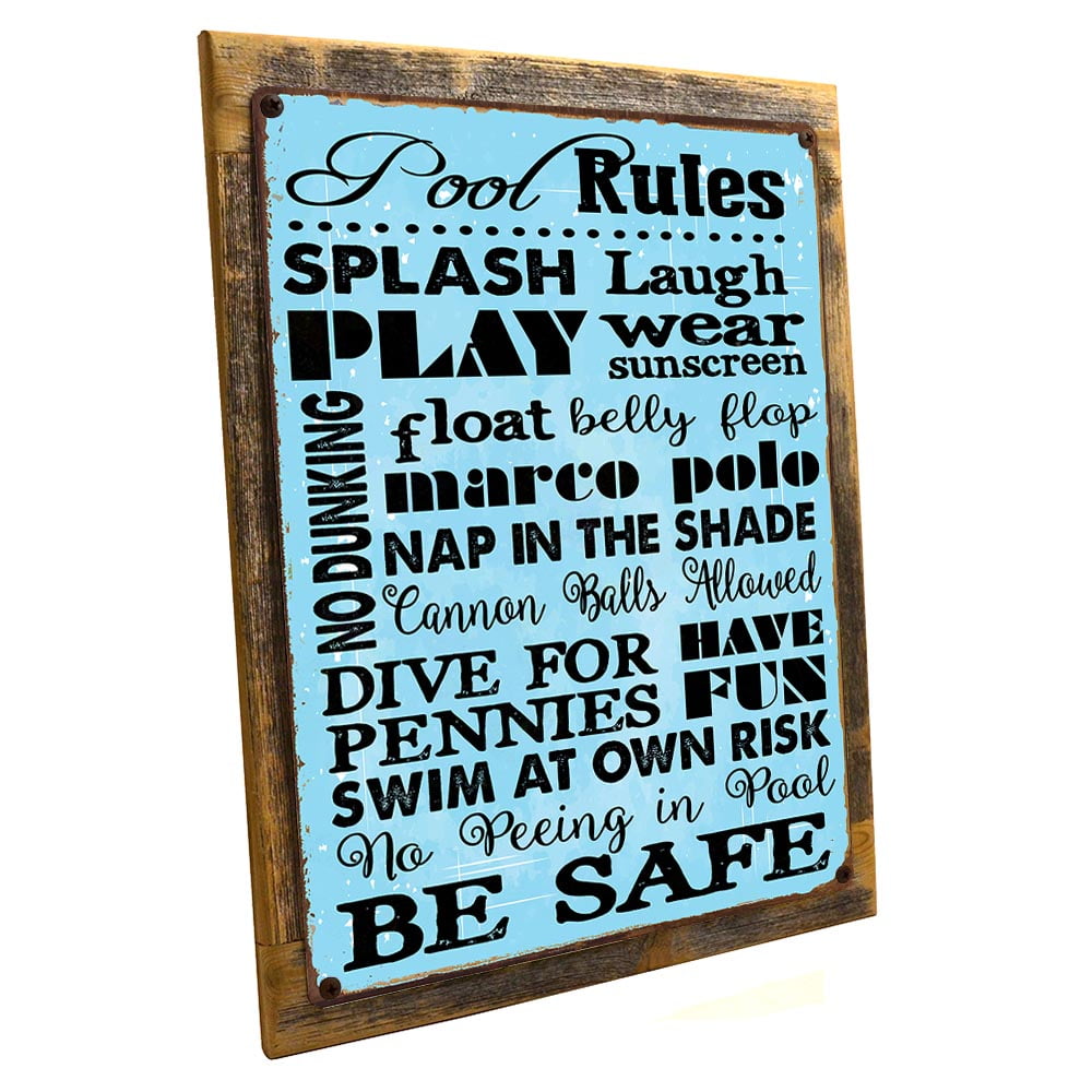 Framed, Outdoor Pool Rules 9"x12" Metal Sign, Wall Decor for Porch
