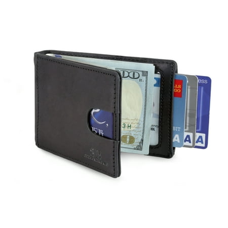 Black Leather Money Clip Wallet Travel Wallet RFID Blocking Bifold Slim Genuine Leather Thin Minimalist Front Pocket Wallets for Men Money Clip - Made From Full Grain Leather (Charcoal Black 1.0) ()