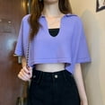 thumbnail image 2 of Xinhuaya Women V Neck Loose T Shirt Summer Navel Exposed Short Sleeves Knitted Tops, 2 of 3