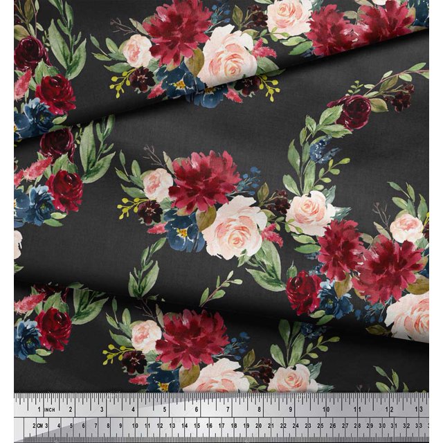Soimoi Gray Cotton Cambric Fabric Ranunculus & Penoy Floral Print Print Fabric by the Yard 42 Inch Wide