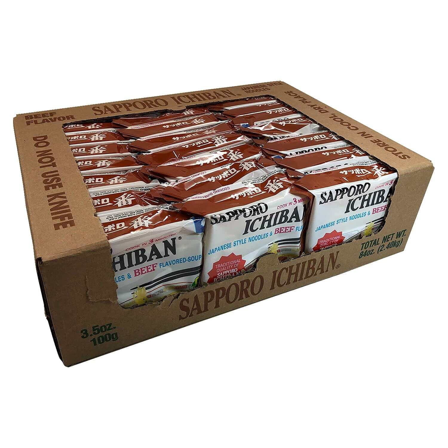 [SAPPORO ICHIBAN] Ramen Noodles, Beef Flavor, No. 1 Tasting Japanese Instant Noodles (3.5 Oz. x 24 packs) | 24 Pack Case