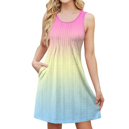 Swimdress for Women Hollow Out Women Summer Dresses Sleeveless Casual Loose Bikini Beach Cover Up Bathing Suit Cover Up Striped Sundress with Pockets Yellow XL