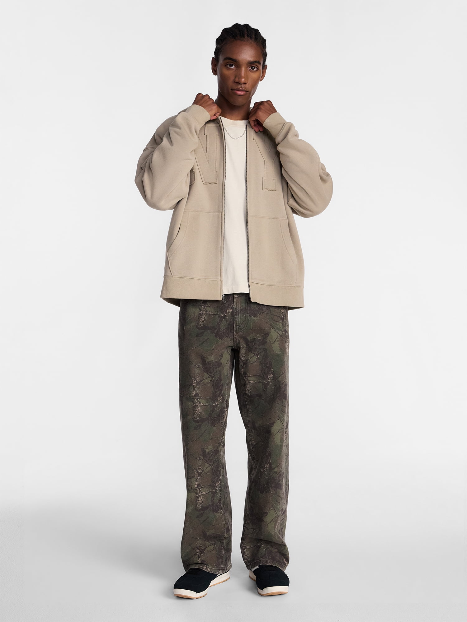 No Boundaries Zip Up Oversized Hoodie with Applique Detail, Men's and Big Men's XS-3XL