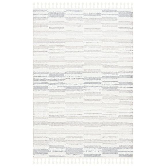 SAFAVIEH Moroccan Tassel Tom Geometric Striped Shag Area Rug, Beige/Ivory, 8' x 10'