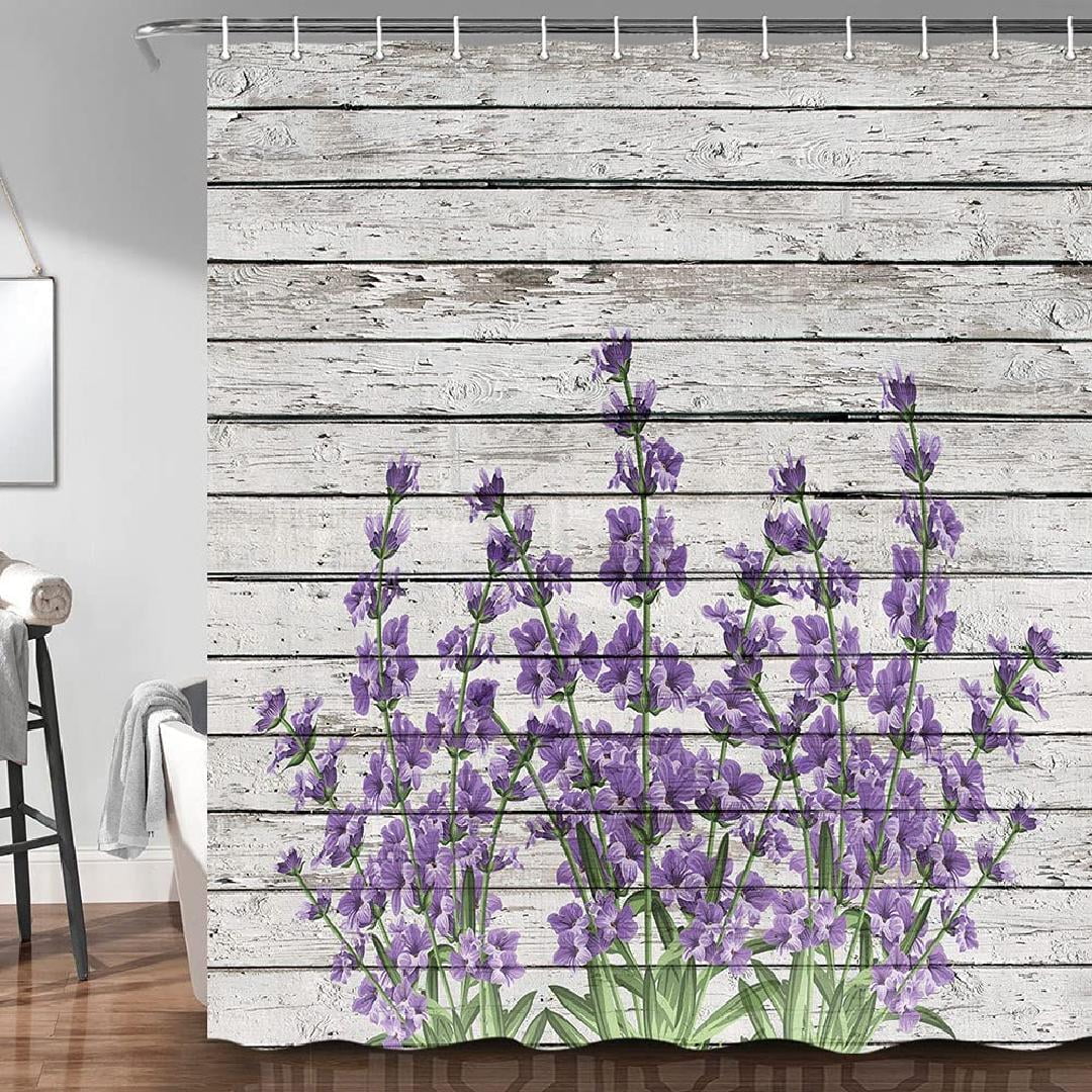 Purple Lavender Shower Curtain, Retro Themed Purple Flowers on Vintage Rustic Wood Bathroom