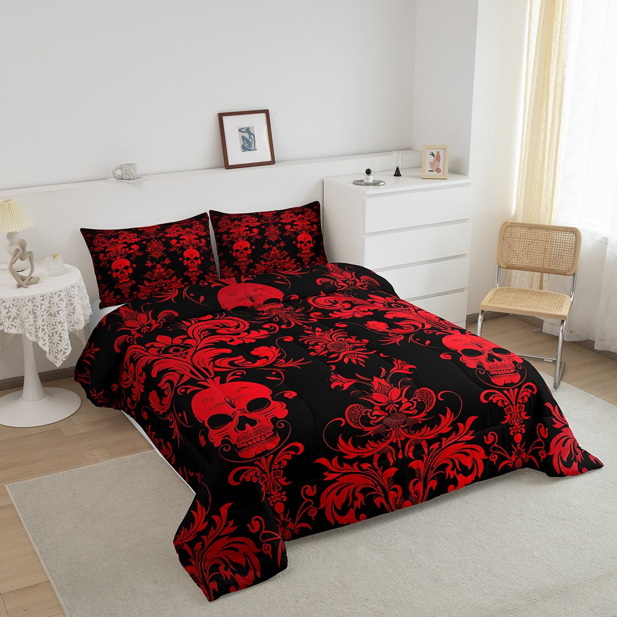 Adults Red Damask Bedding Set Antique Victorian Baroque Comforter Set Full Size,Gothic Vintage Floral Quilt Exotic Sugar Skull Duvet Insert,Gothic Bone Skeleton Bohemian Decor,Black