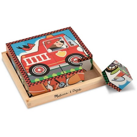 Melissa & Doug Vehicles Wooden Cube Puzzle with Storage Tray, 6 Puzzles in 1, 16pc