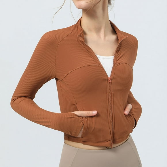 Womens Long Sleeved Training Suit Stand Up Neck Double Pocket Yoga Coat Double Headed Zipper Sports Tops