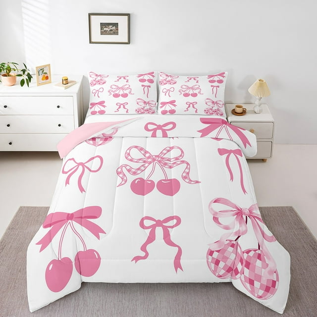 Erosebridal Cute Bow Comforter Sets,Cartoon Cherry Comforters & Duvets,Disco Ball Bedding Comforter Set,Microfiber Geometric Room Decor,Reversible,2pcs