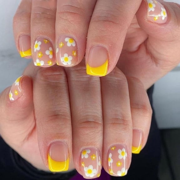 JZROCKER 24 Pcs French Tip Stick On Nails Yellow False Nails Short Square Press On Nails Flowers Artificial Acrylic Nails