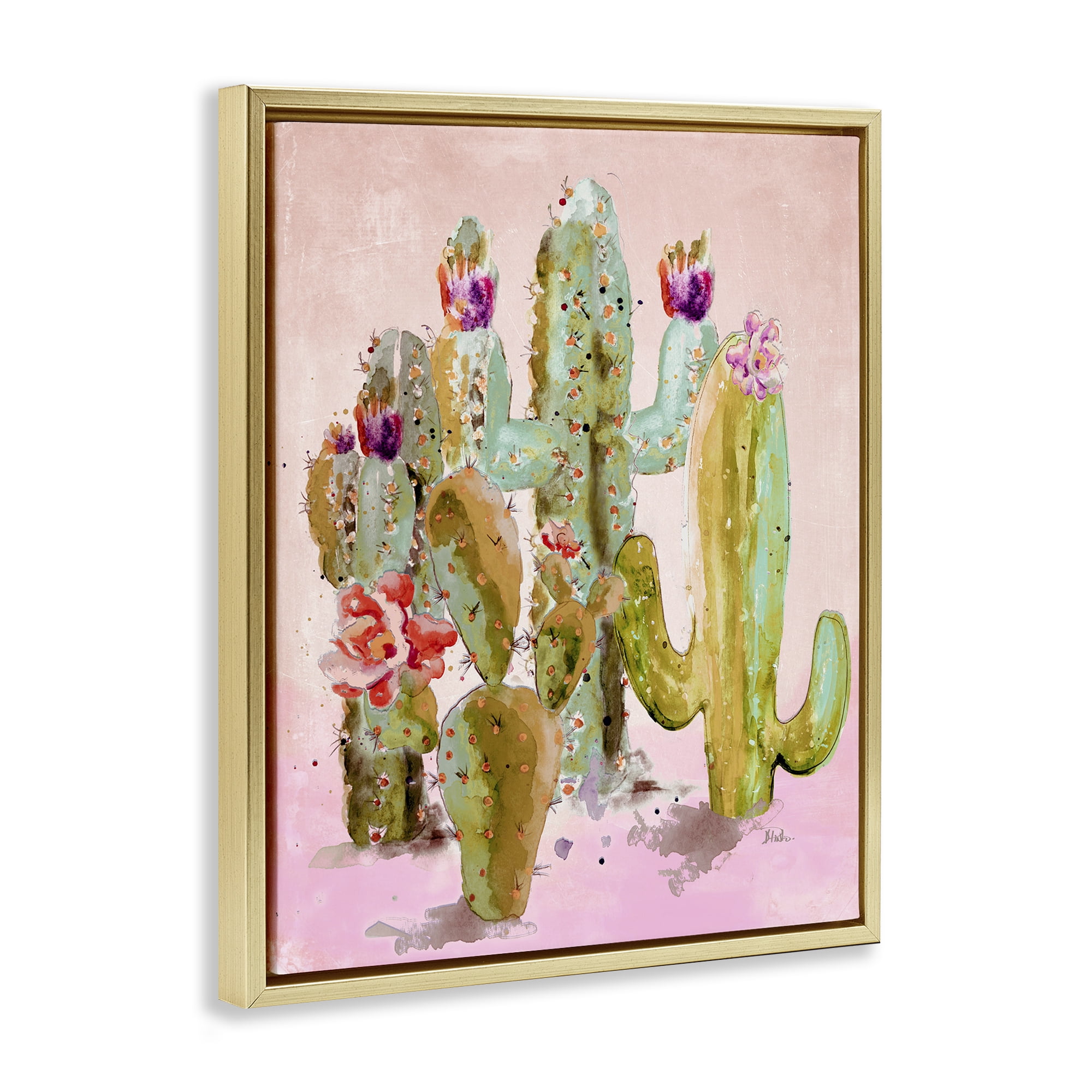 Stupell Industries Fun Floral Cacti Botanical & Floral Painting Gold Floater Framed Canvas Art Print Wall Art, 17 x 21