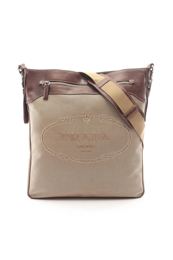 Pre-Owned Prada LOGO JACQUARD Shoulder Bag/Handbag, Canvas and Leather, Women's, Beige/Brown