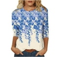 thumbnail image 2 of Sakmal 3/4 Sleeve Ladies Tops Blue Flower Floral Crew Neck T-Shirts Shirts for Women, 2 of 4