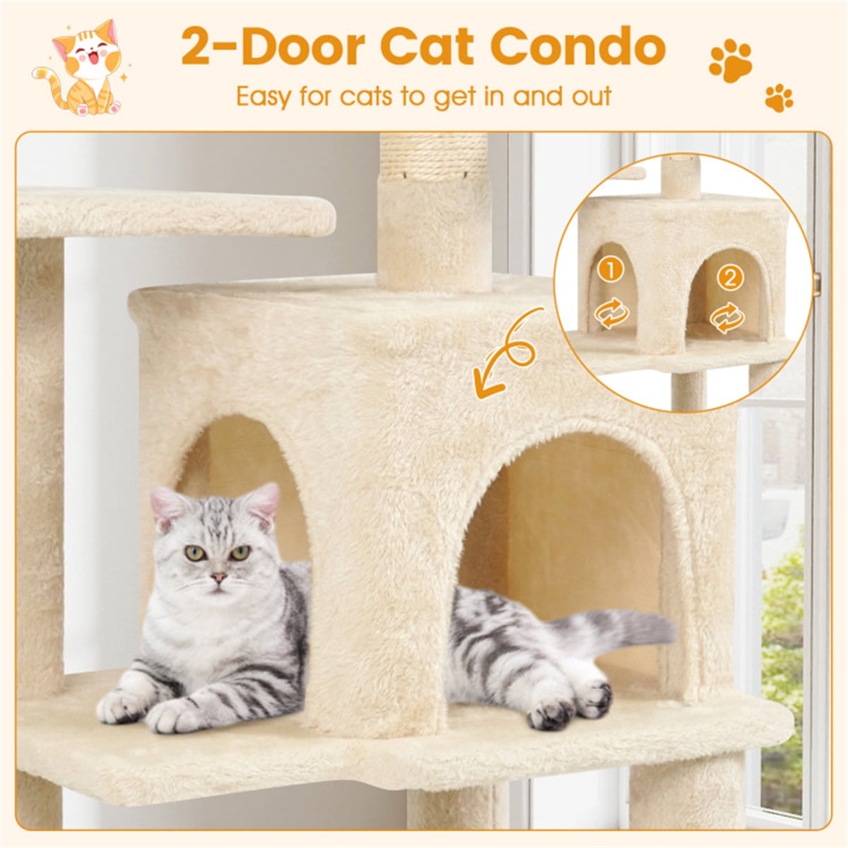 ZephyPaws Cat Tree with Scratching Post for Indoor Cats, 44" Tall Plush Multi-Level Cat Climbing Tower Condo House with Large Hammock, Spacious Cat Cave & Big Padded Top Perch Bed, Beige