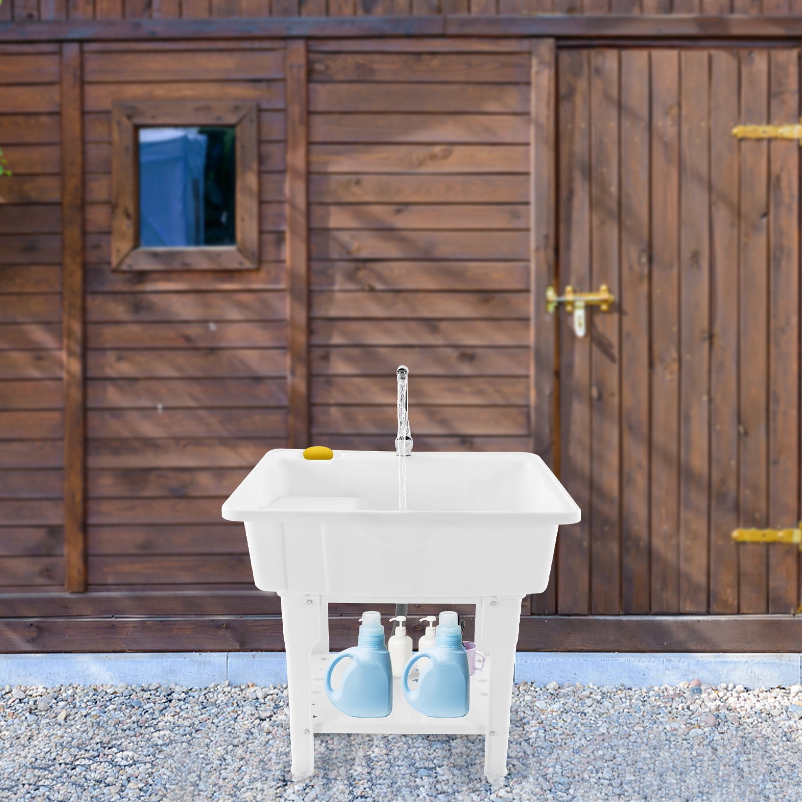 Utility Sink Laundry Tub, Plastic Construction, Hot and Cold Faucet, Ergonomic Design, Adjustable Feet