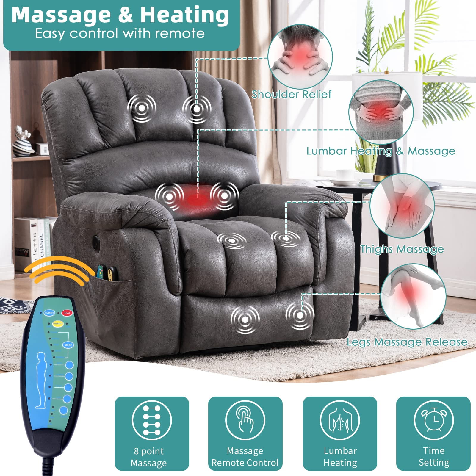 MEETWARM Large Power Lift Electric Recliner Chair with Massage and Heat, Overstuffed Wide Recliner for Elderly Big People, Heavy Duty Recliners with 2 Remote Controls, USB Ports, 2 Side Pockets, Gray