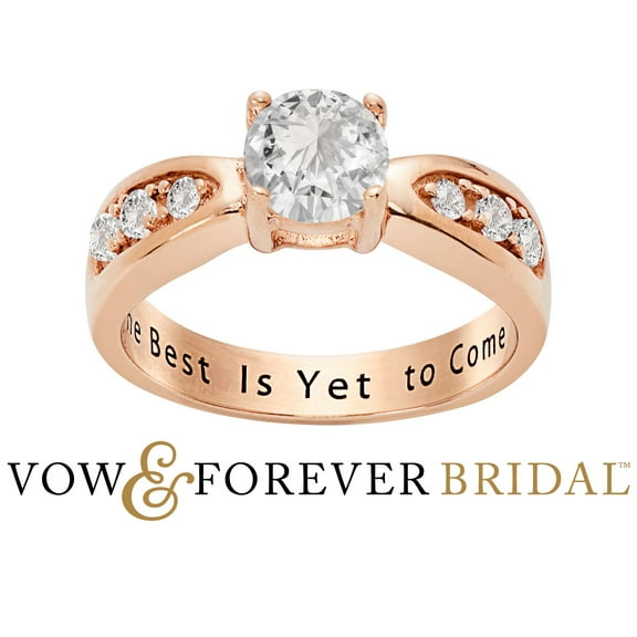 Vow & Forever Personalized Planet Bridal 14K Rose Gold over Sterling Silver Brilliant White Topaz Engraved Wedding Ring ,Women's