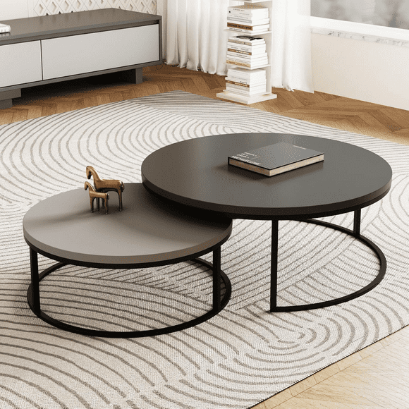 NessCarsti Modern Round Coffee Table Set, Black Metal Legs, Grey Finish, 31.5/23.7"