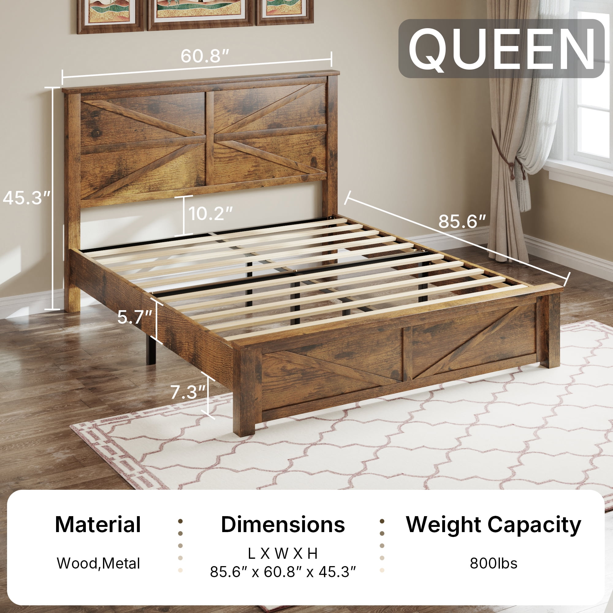 BSHTI Queen Bed Frame with Wooden Headboard, Country and Farmhouse Style, Brown