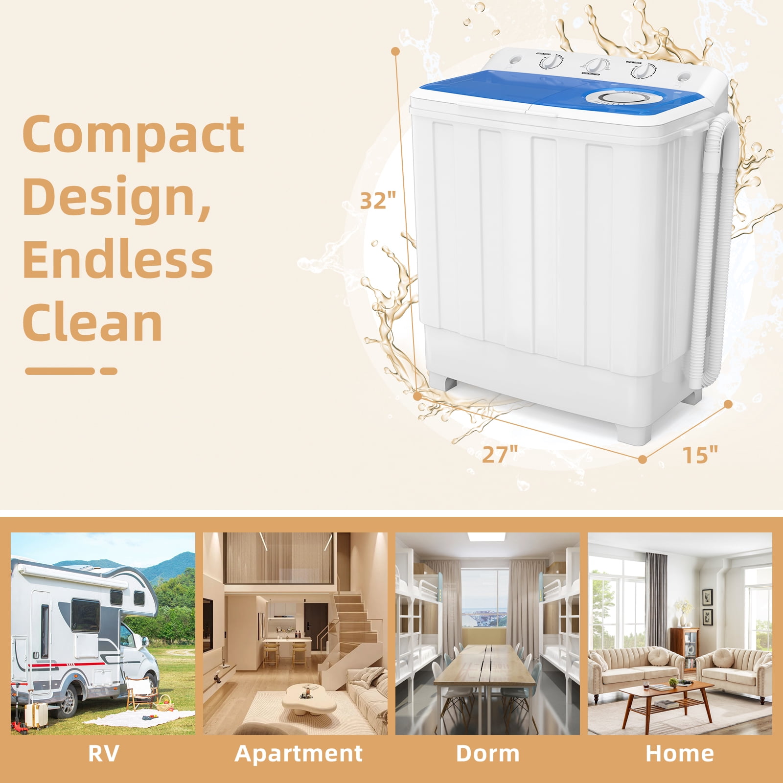 Zynkez Portable Washing Machine, 28Lbs Compact Twin Tub Laundry Washer with Drain Pump, Semi-Automatic 18Lbs Washer and 10Lbs Spinner Combo