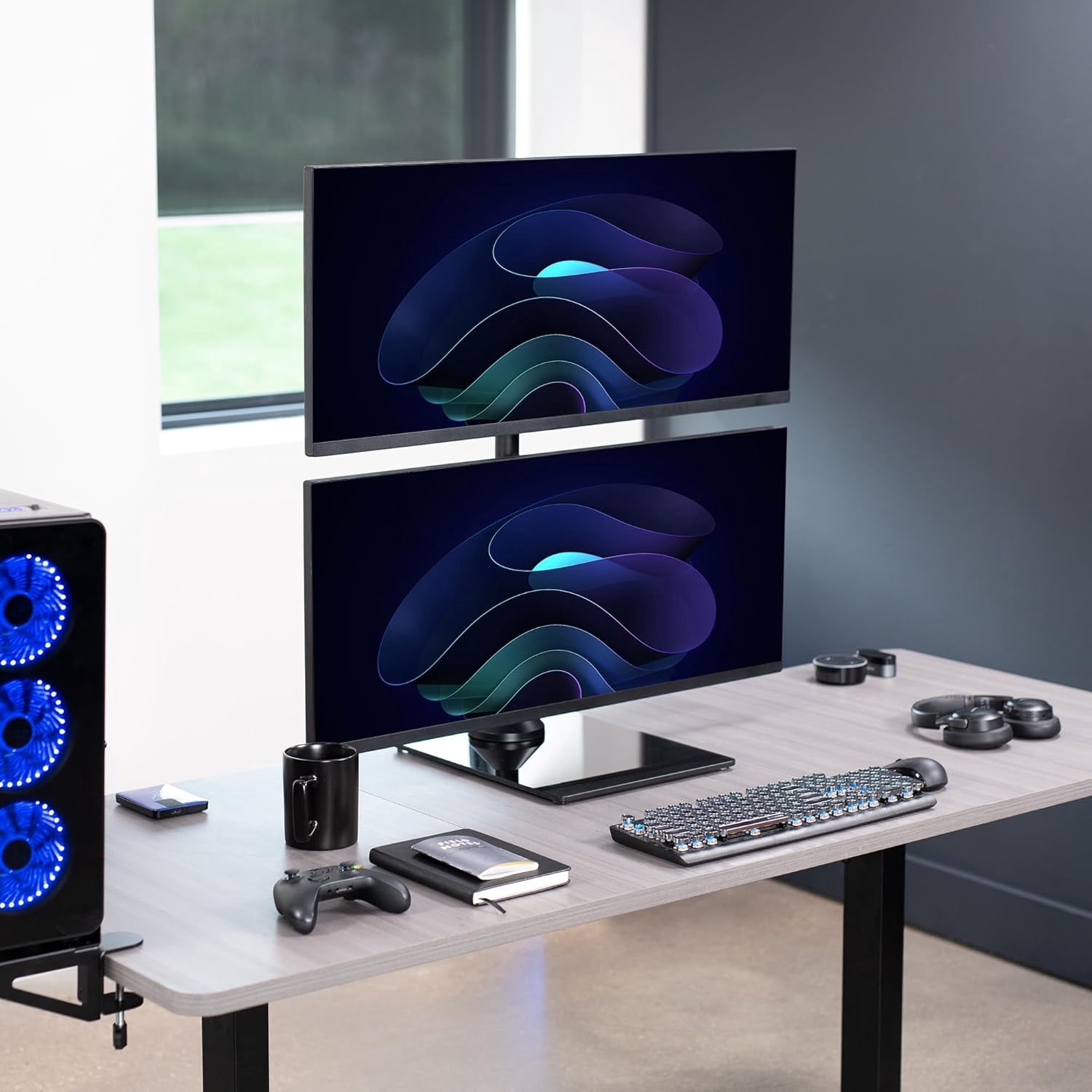 Dual Monitor Desk Stand with Tempered Glass Base, -Standing LCD Mount for 2 Ultrawide Screens  to 34 inches
