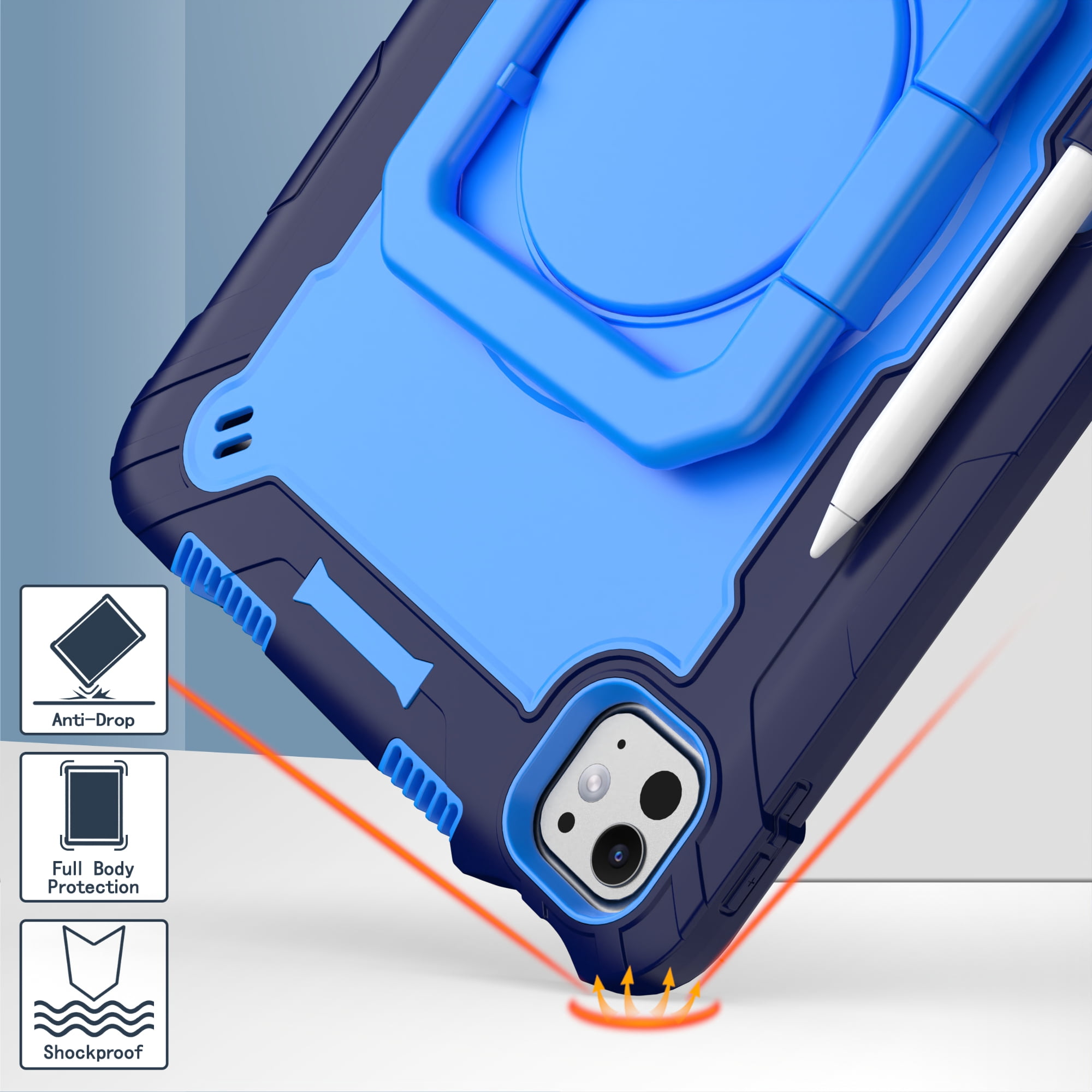 Allytechgroup Shockproof Case for Apple iPad Pro 11 Inch 2024 M4, with Shoulder Strap Pencil Holder Rotating Stand Handle Kids Friendly Heavy Duty Protection Cover for iPad Pro 11" 2024,Blue