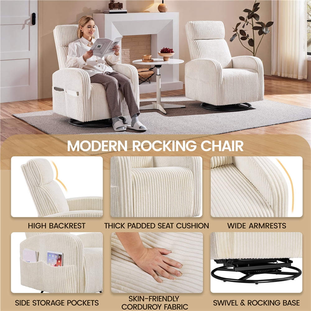 Yaheetech Corduroy Swivel Recliner Glider Chair Rocking Chair for Living Room, Beige