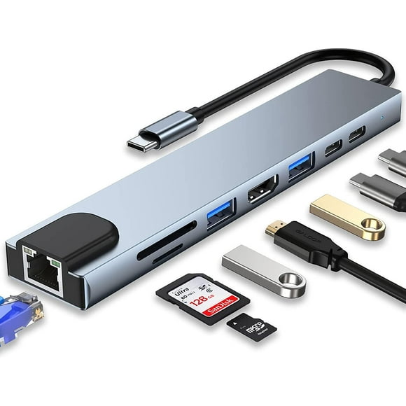 USB C HUB, 8 in 1 USB C Adapter with 4K HDMI, 100W PD, USB C Port, USB 3.0, RJ45 Ethernet, SD/TF Card Reader, Docking Station Compatible with MacBook Pro/Air and Other Type Devices VS