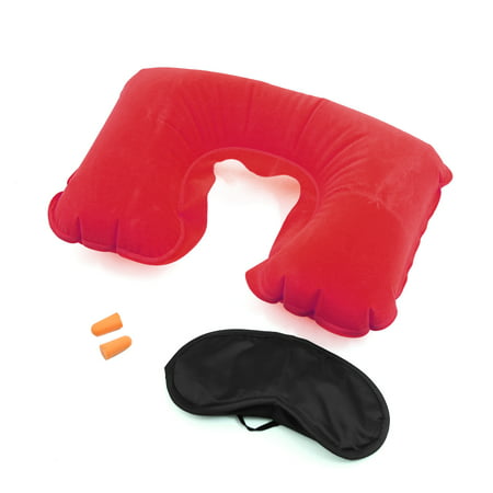 Unique Bargains 3 In 1 Red Travel Sleep Set Neck Inflatable Pillow Shade Eye Mask Earplugs
