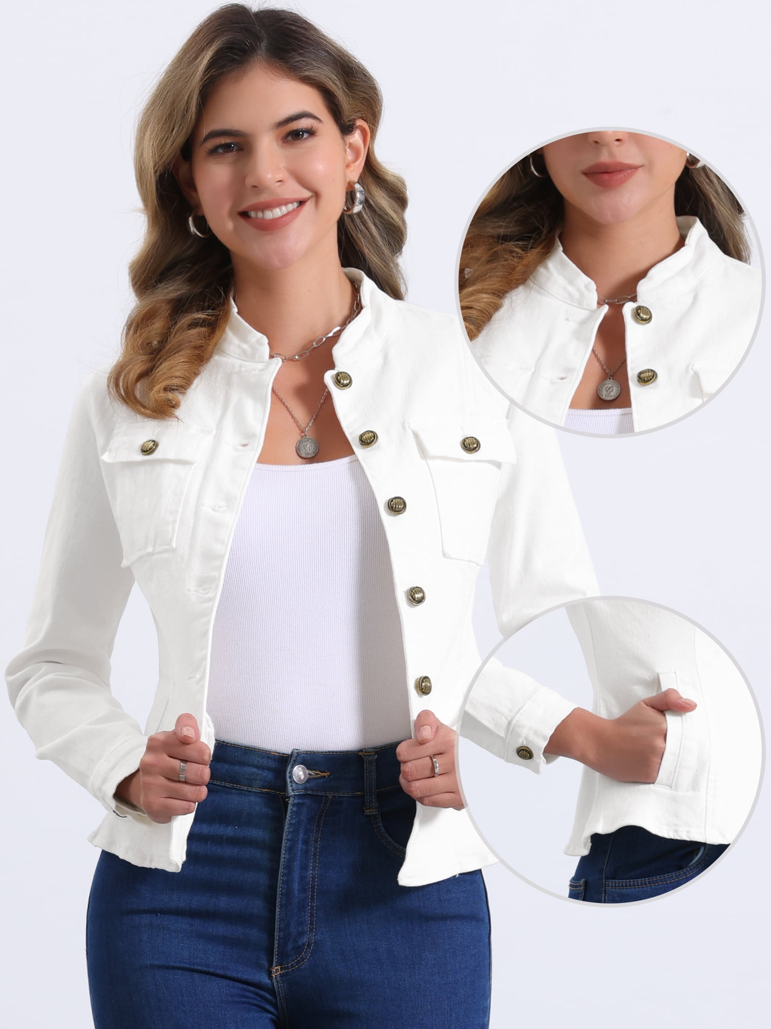 DARING DIVA Women's Classic Stand Collar Denim Jacket S White