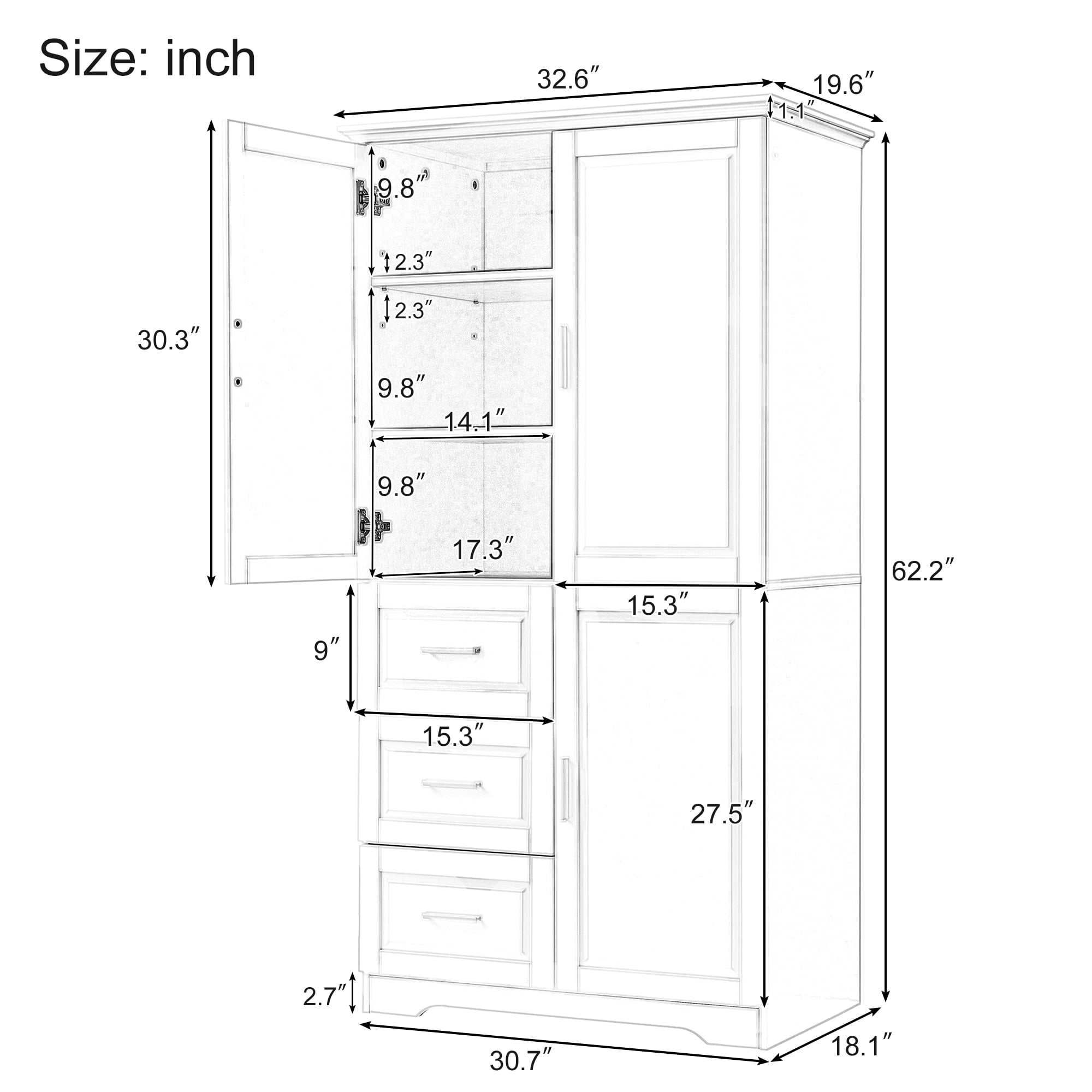 Euroco Tall Freestanding Storage Cabinet with 3 Drawers and Adjustable Shelf, Wide Linen Tower Cabinet with Doors, Waterproof Painted MDF, Anti-Tipping Kit