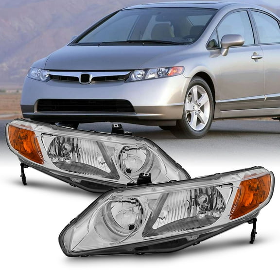 AKKON - Fits 2006-2011 Honda Civic Sedan 4-Door Chrome Headlights Pair Driver Passenger w/ Amber Corner Lamp