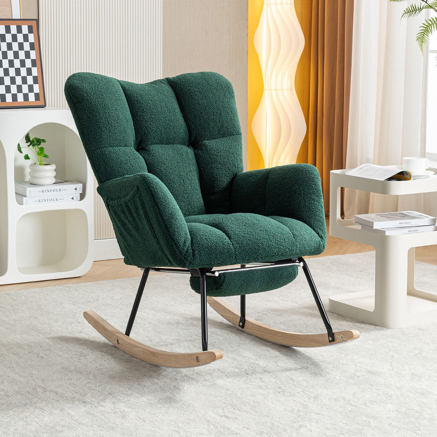 S-HOME Teddy Fabric Rocking Chair with Adjustable Footstool, High Backrest and Storage Pocket for Versatile Indoor Use, Green