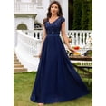 thumbnail image 3 of Blue V-Neck Sequin Lace Short Sleeve A-Line Evening Gown, 3 of 28