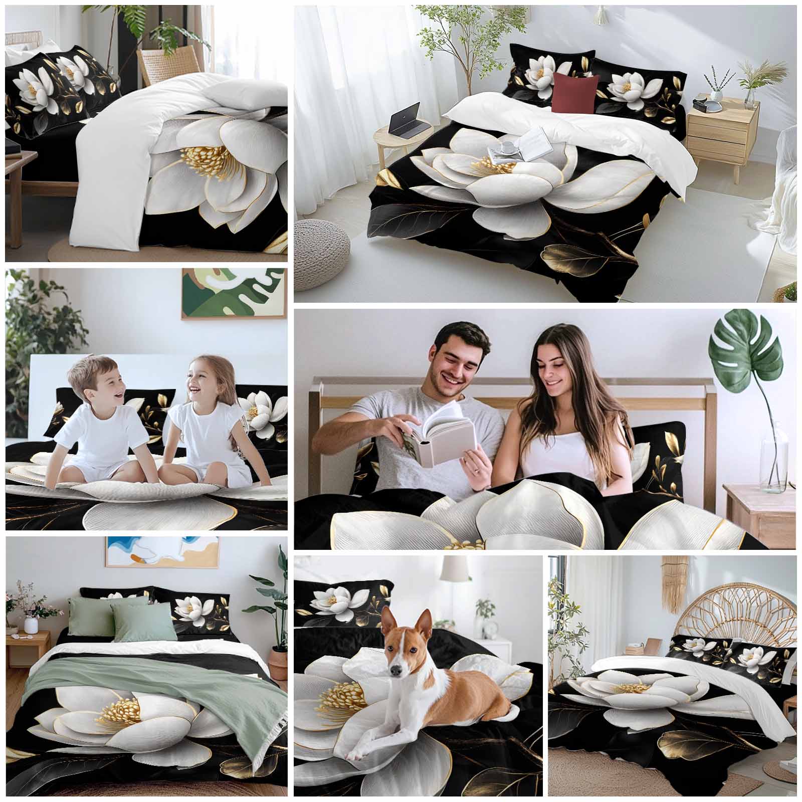 Gorgeous Flowers Duvet Cover Set, White Gold Floral Botanicals Black Soft Duvet Cover Queen Size Bedding Set 4 Pieces, 1 Quiltcover and 2 Pillowcases with Zipper, 1 Bed Sheet for All Seasons