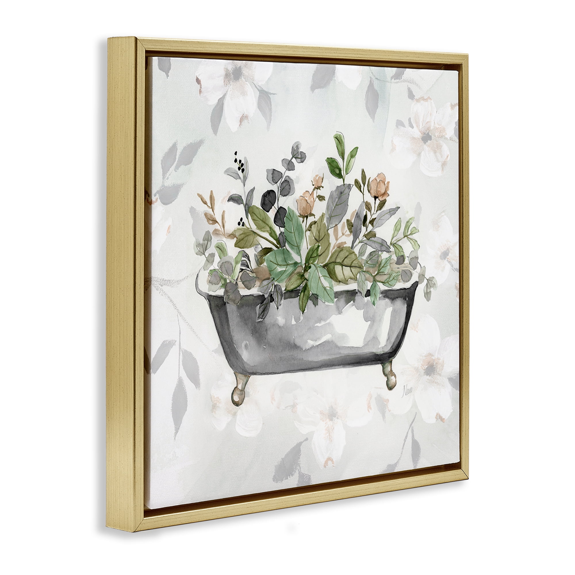 Stupell Industries Leaf Patterned Bath Typography Painting Gold Floater Framed Canvas Art Print Wall Art, 25 x 25