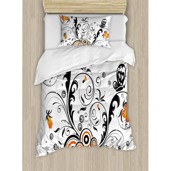 Garden Duvet Cover Set, Floral Design Branches with Circular Petals and Butterflies Display, Decorative 2 Piece Bedding Set with 1 Pillow Shams, Twin Size, Orange Black White, by Ambesonne