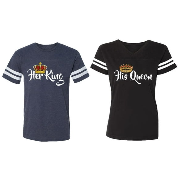 Her King His Queen Matching Couple Cotton Jerseys (Men Navy / Women Black) (Men S / Women S)