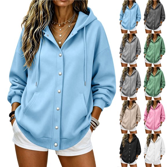 Otntypg Snap Button Down Hoodies for Women Trendy Fall Long Sleeve Drawstring Hooded Pullover Sweatshirts Loose Lightweight Casual Basic Solid Color Cardigan Hoodie Jacket with Pockets