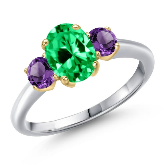 Gem Stone King 10K Two Tone Gold Green Zirconia and Purple Amethyst Engagement Ring for Women | 1.71 Cttw | Oval 8X6MM | Gemstone Birthstone | Size 5