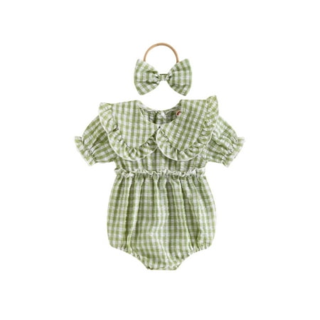 

Mubineo Baby Girls Summer Casual Romper Short Sleeve Doll Collar Plaid Playsuit + Bow Headband