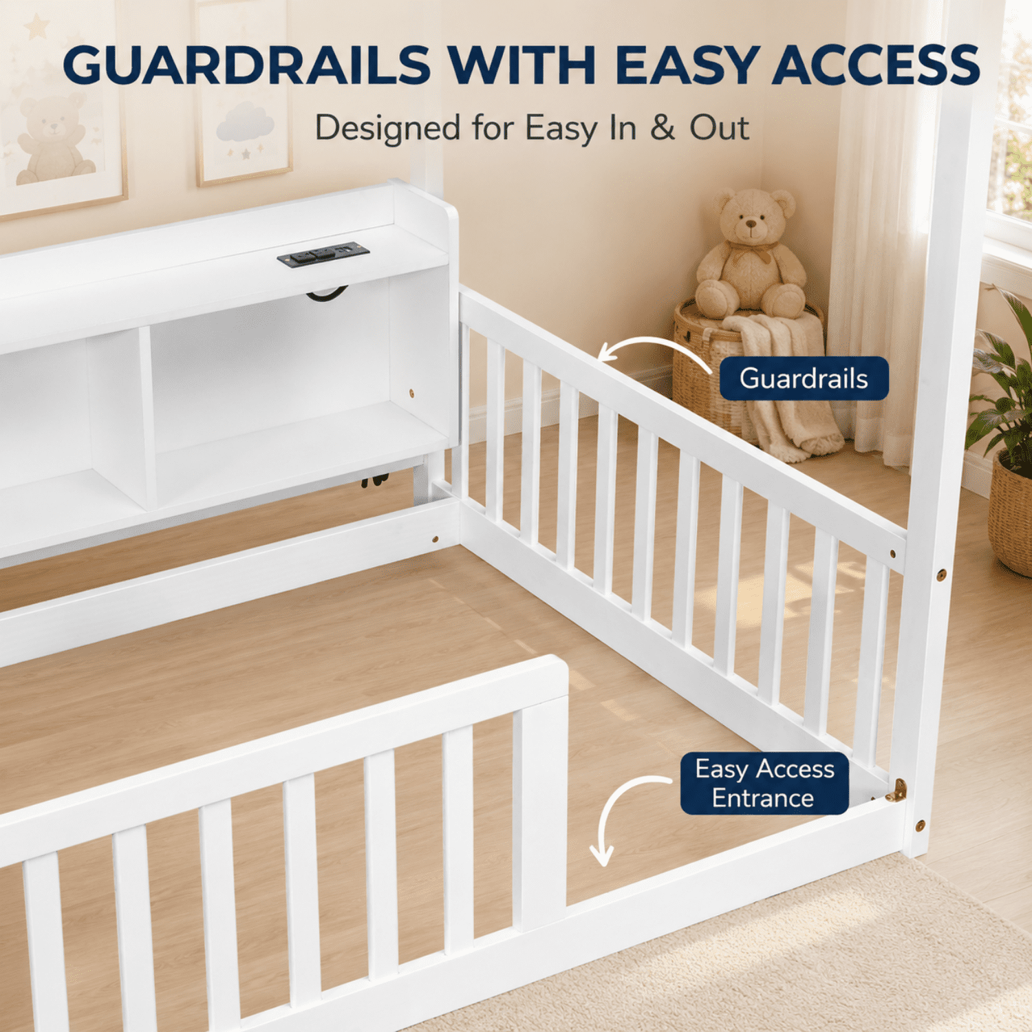Miniyam Twin House Bed for Kids, Floor Bed with Storage, LED, Charging Station, White