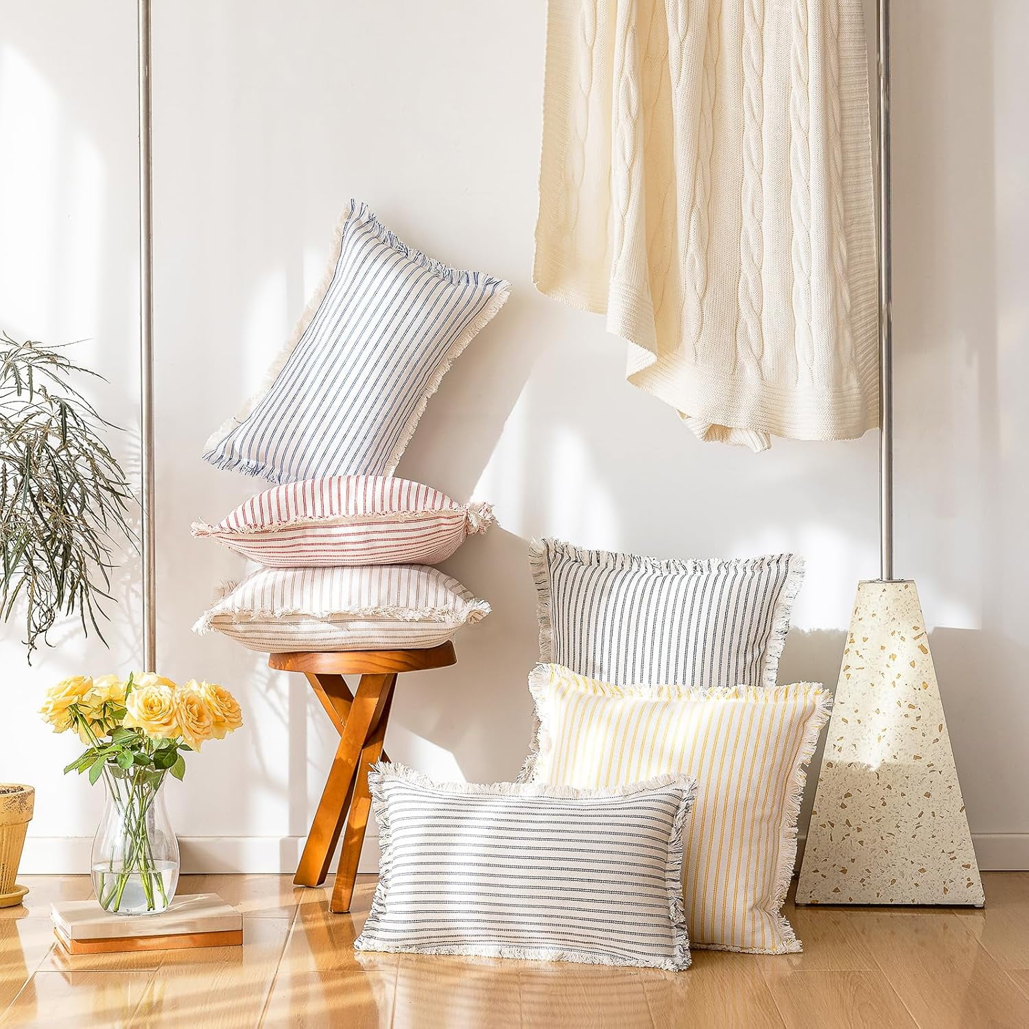 Lanola Throw Pillow Covers 22x22 Set of 2 Striped Fringe Pillow Cover Farmhouse Cushion Covers with Tassel Neutral Boho Pillows Decorative Square Pillowcase for Couch Sofa Bed, Red