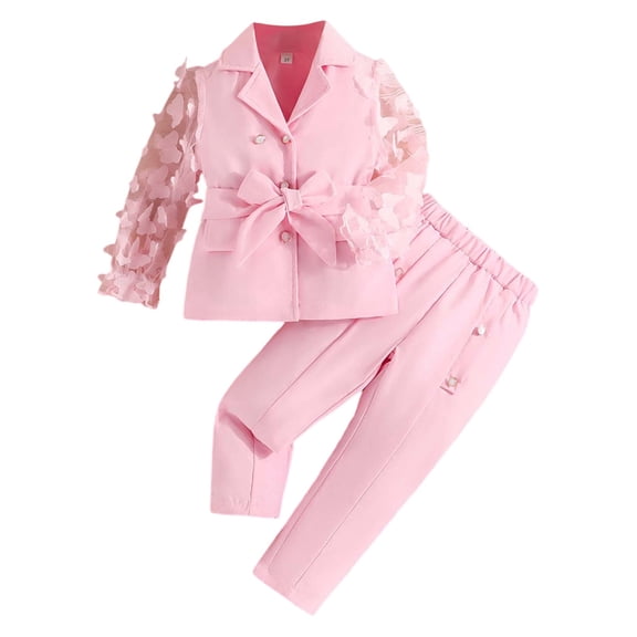 lnmuld Girls Solid Color Mesh Sleeve Blazer Set, formal 2-Piece Outfit Color:Pink,Size:3-4 Years